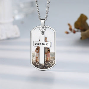 Personalized Memorial Necklace With Cross Pendant,Photo With Text Necklace