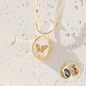 Personalized Butterfly Shell Photo Locket Necklace,Memorial Jewelry