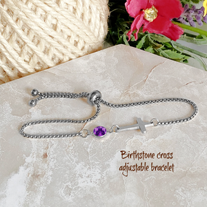 Personalized Dainty Cross Birthstone Bracelet