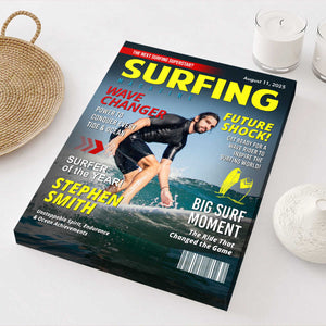 Personalized Surfing Photo Magazine Cover Canvas Gift For Surfers, Surfing Gift For Him