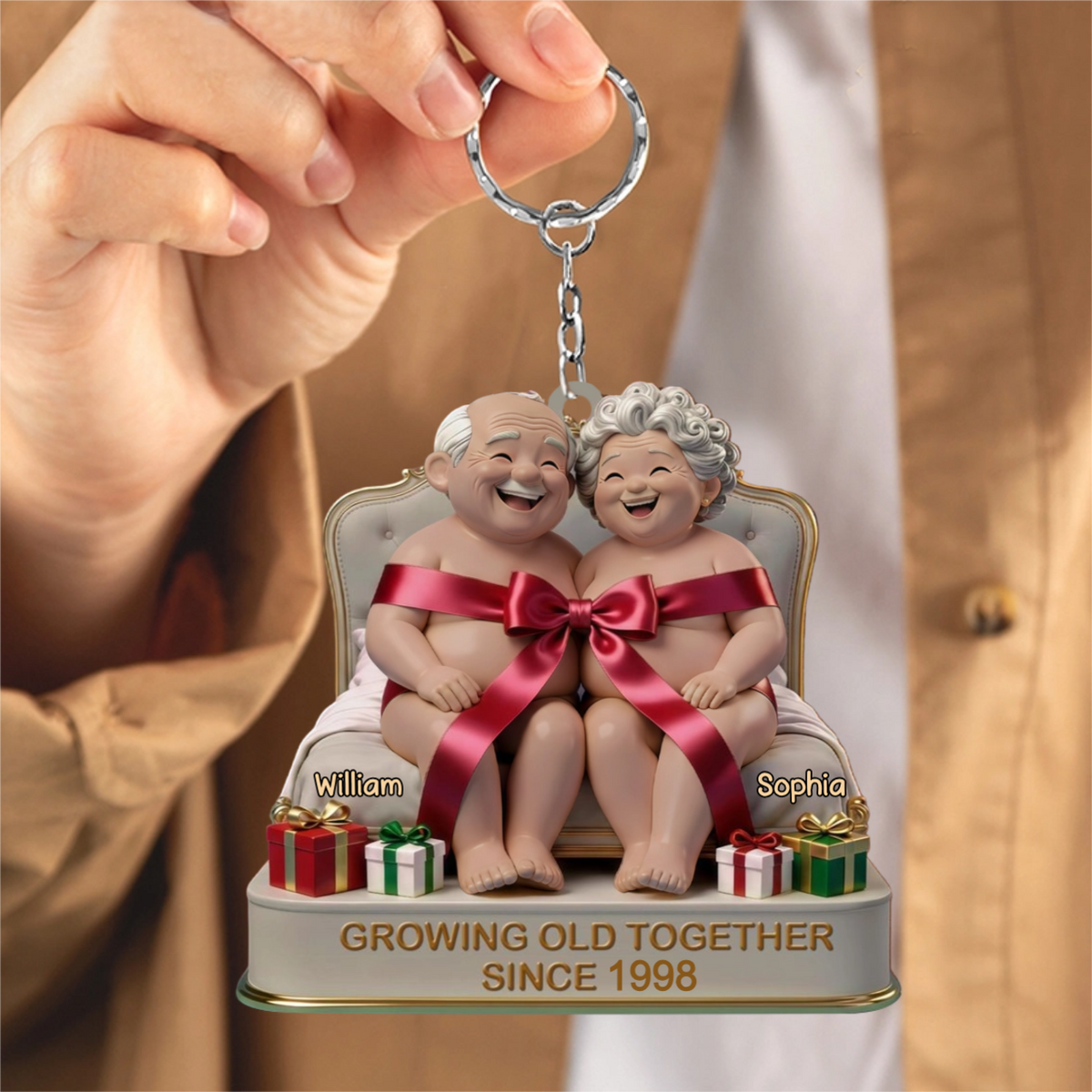 Growing Old Together, Elderly Couple With Gifts, Personalized Acrylic Keychain