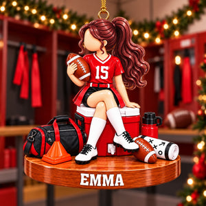 Personalized Girls’ Flag Football Christmas Ornament, Custom Name Female Football Player Gift
