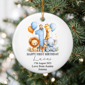 Happy First Birthday with Safari Animals Personalized Ceramic Ornament First Birthday Ornament Keepsake Gift with Safari Animals