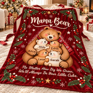 Personalized Mama Bear Christmas Blanket – Custom Kids' Names Bear Family Fleece Blanket, Christmas Gift For Mom From Her Children