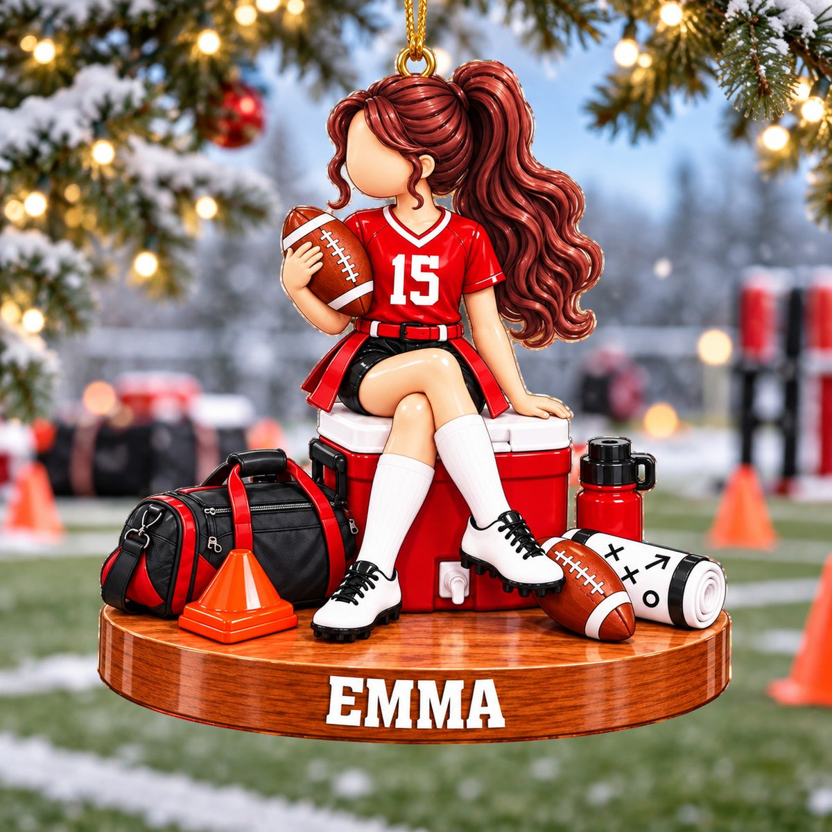 Personalized Girls’ Flag Football Christmas Ornament, Custom Name Female Football Player Gift