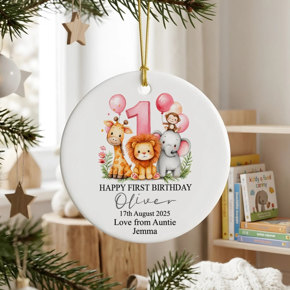 Happy First Birthday with Safari Animals Personalized Ceramic Ornament First Birthday Ornament Keepsake Gift with Safari Animals