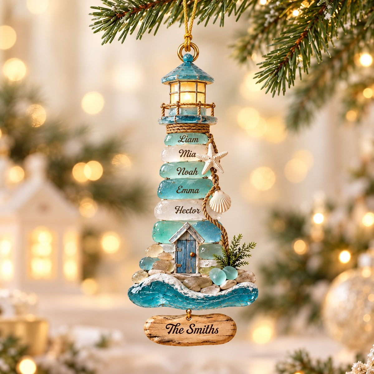 Personalized Coastal Lighthouse Christmas Ornament – Sea Glass–Inspired Family Keepsake | Gift For Beach Lovers