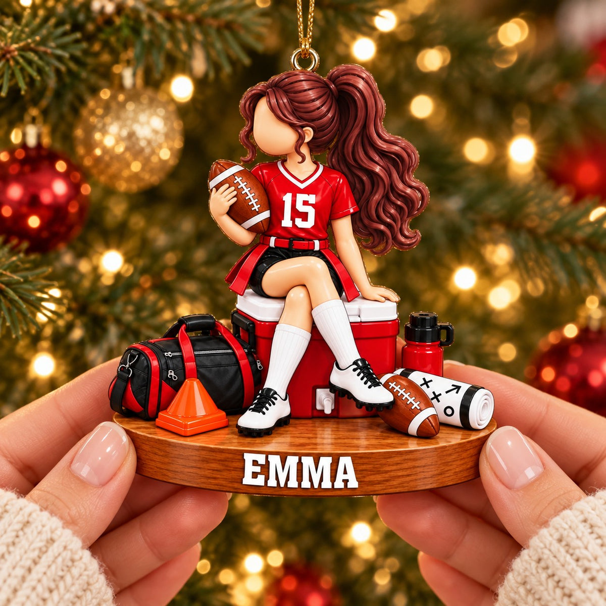 Personalized Girls’ Flag Football Christmas Ornament, Custom Name Female Football Player Gift