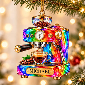 Stained Glass Effect Espresso Machine Custom Name Acrylic Ornament, Gift for Coffee Lover Barista