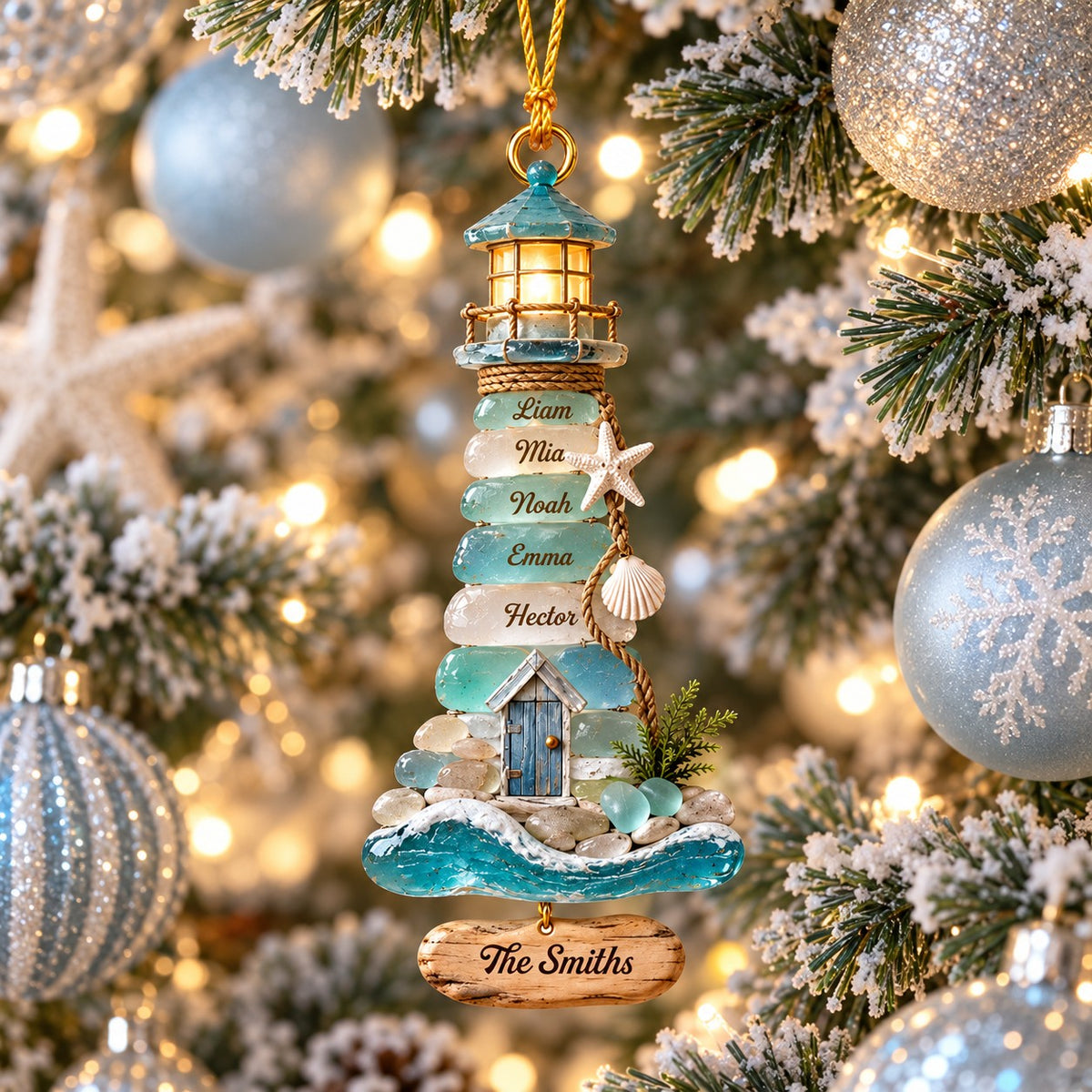 Personalized Coastal Lighthouse Christmas Ornament – Sea Glass–Inspired Family Keepsake | Gift For Beach Lovers