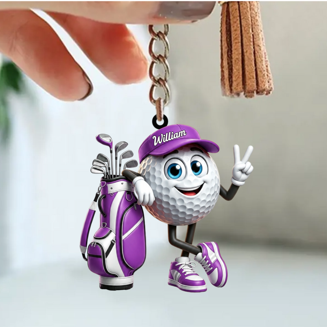 Victory Gesture Personalized Cute Golf Ball Mascot Keychain Gift For Golf Lovers