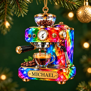 Stained Glass Effect Espresso Machine Custom Name Acrylic Ornament, Gift for Coffee Lover Barista