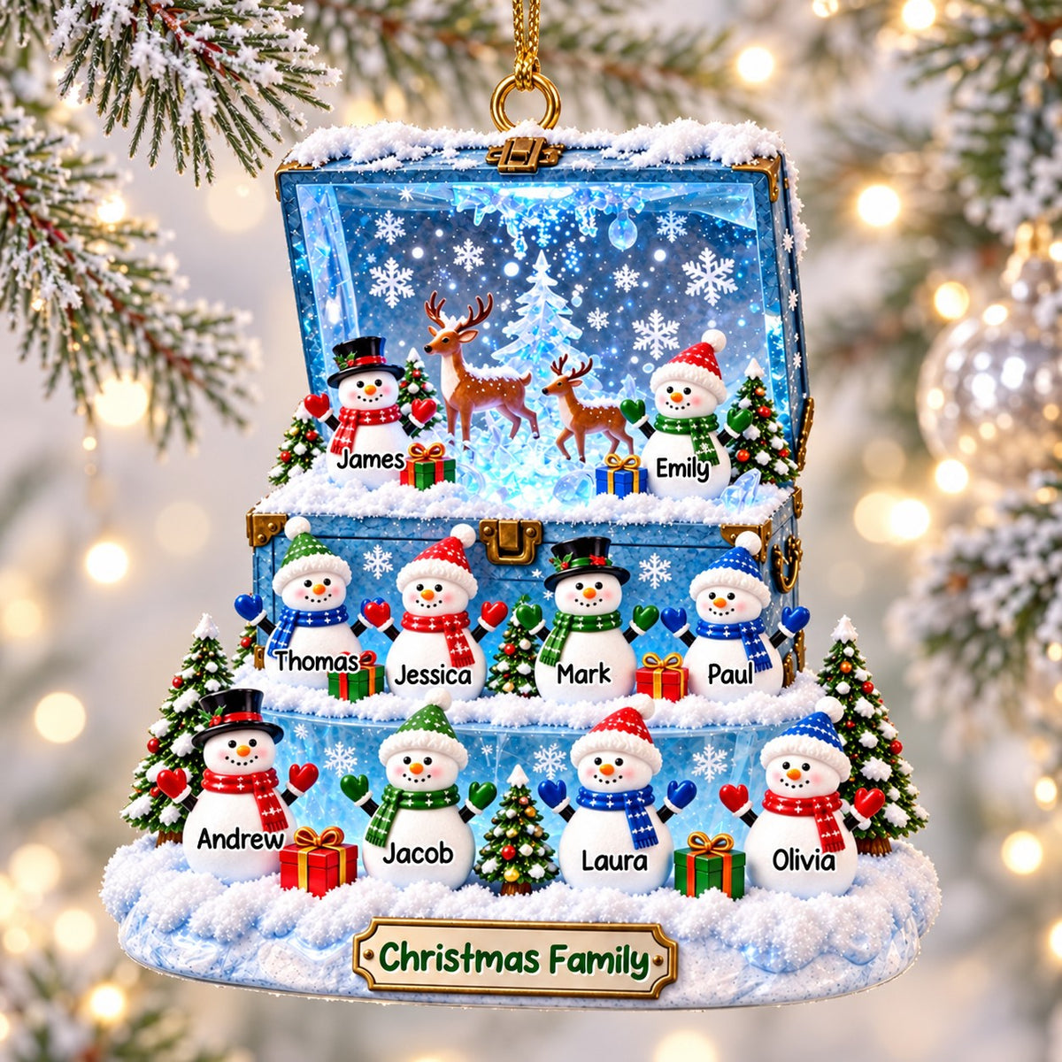 Personalized Christmas Snowman Family Treasure Chest Theme Ornament