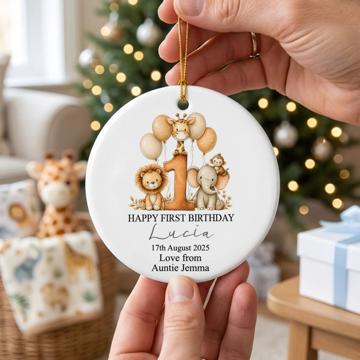 Happy First Birthday with Safari Animals Personalized Ceramic Ornament First Birthday Ornament Keepsake Gift with Safari Animals