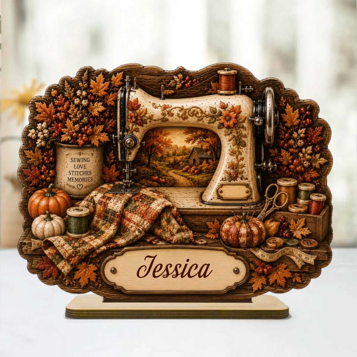 Personalized Sewing Machine Fall Season Wooden Plaque,Custom Name Gift For A Tailor