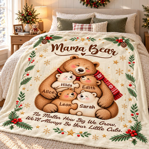 Personalized Mama Bear Christmas Blanket – Custom Kids' Names Bear Family Fleece Blanket, Christmas Gift For Mom From Her Children