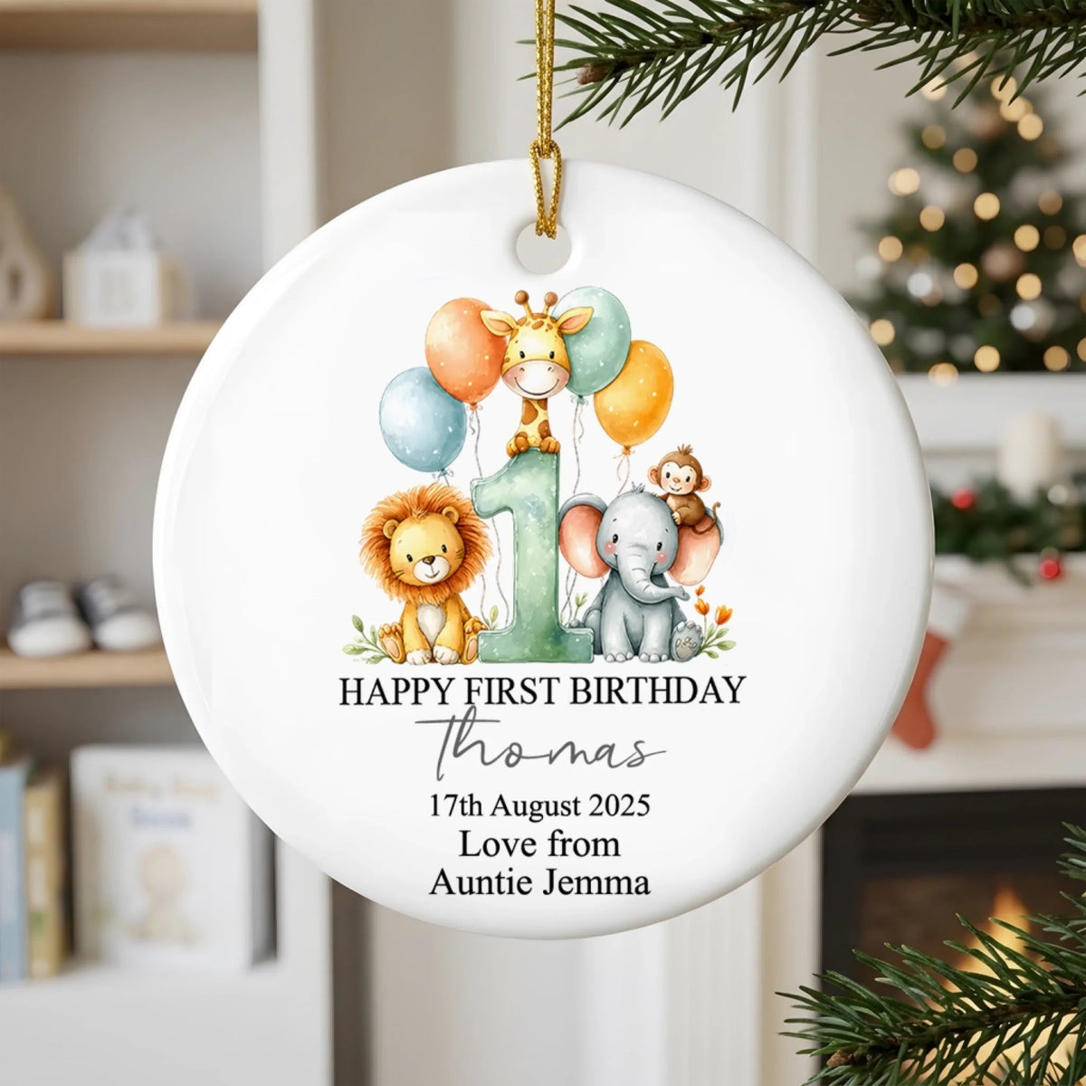 Happy First Birthday with Safari Animals Personalized Ceramic Ornament First Birthday Ornament Keepsake Gift with Safari Animals