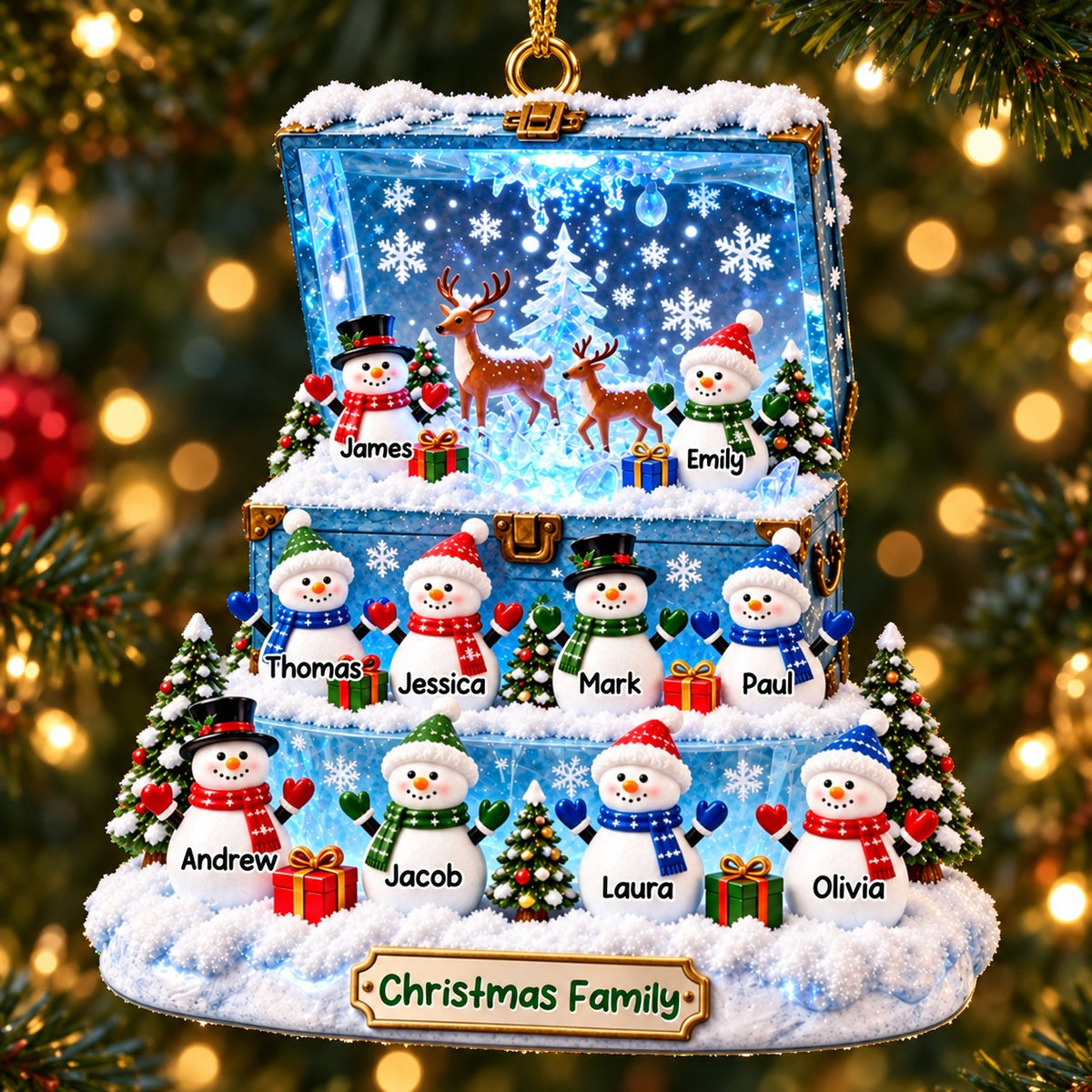 Personalized Christmas Snowman Family Treasure Chest Theme Ornament