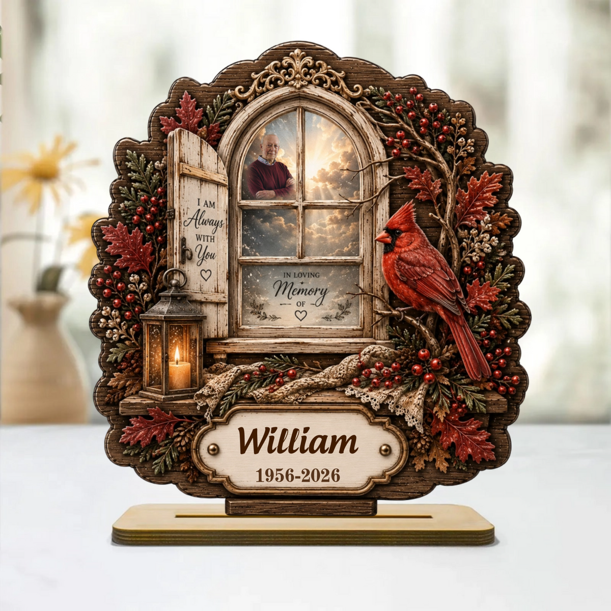 Personalized Cardinal Memorial Window Wooden Plaque,Custom Photo Memorial Gift