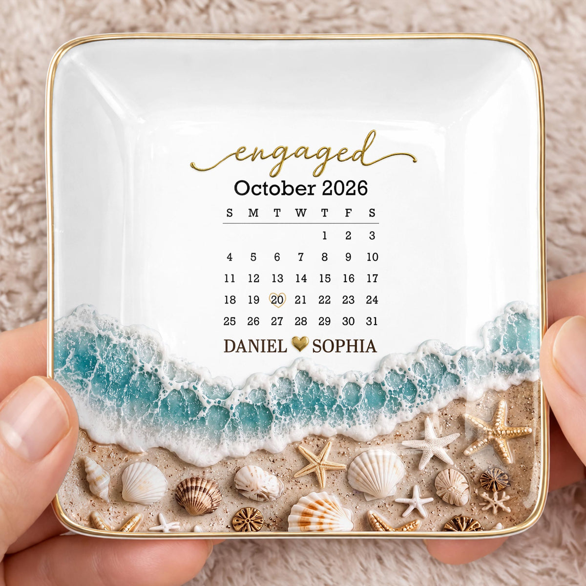Engaged Calendar, Personalized Jewelry Dish, Gift For Couples