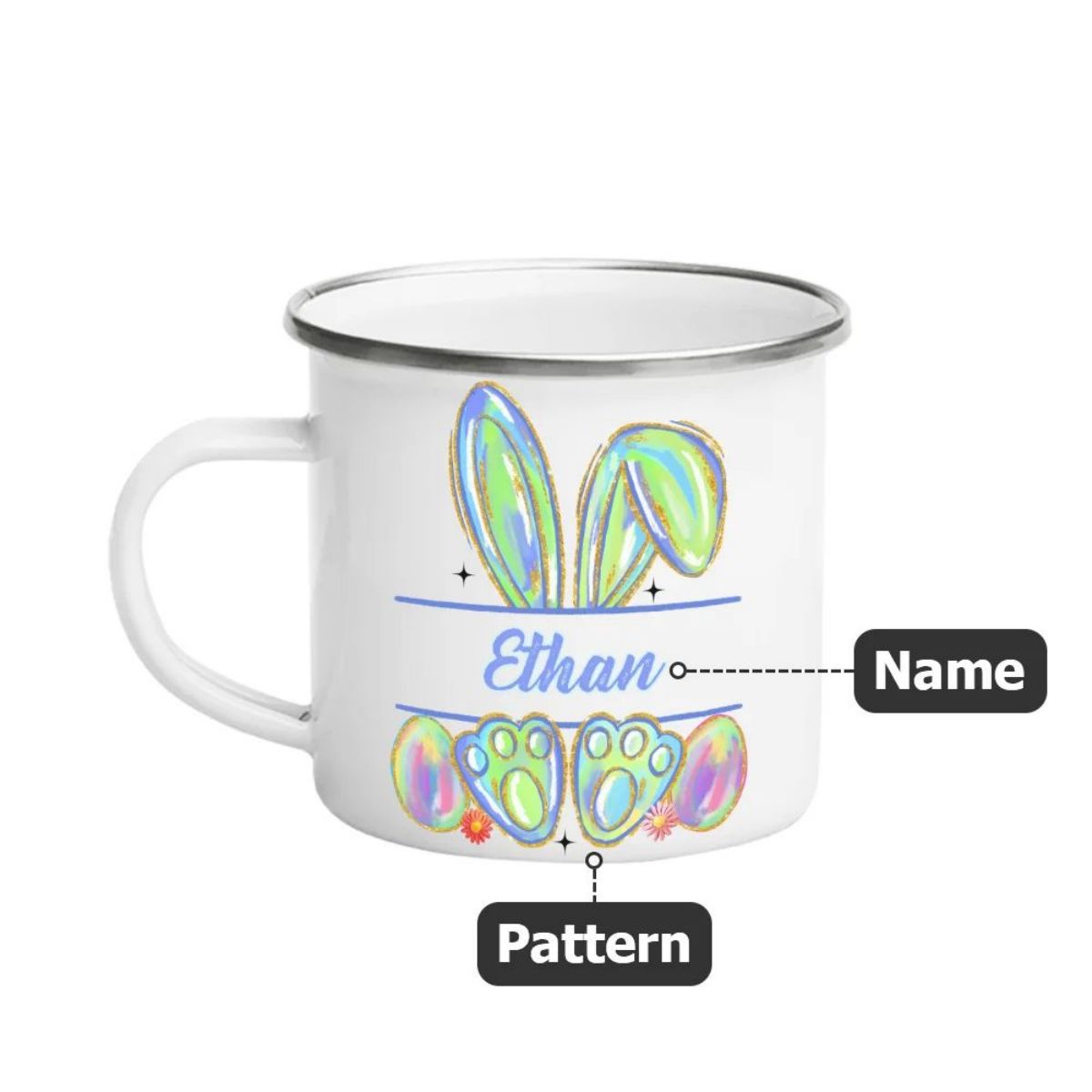 Personalized Watercolor Faux Glitter Bunny Design 12oz Enamel Mug