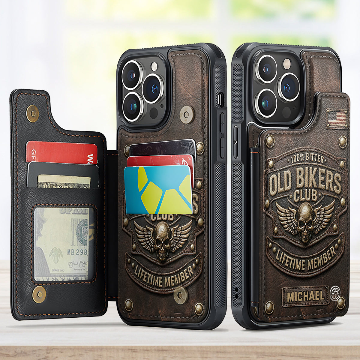 Old Bikers Club Leather Wallet Phone Case, Personalized iPhone Case for Motorcycle Rider