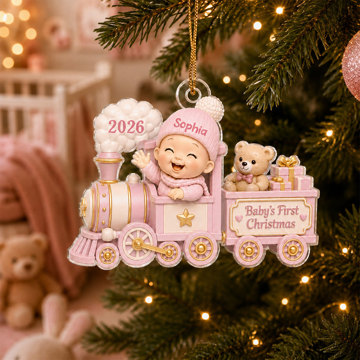 Baby On Toy Train - Baby First Christmas Personalized Acrylic Ornament