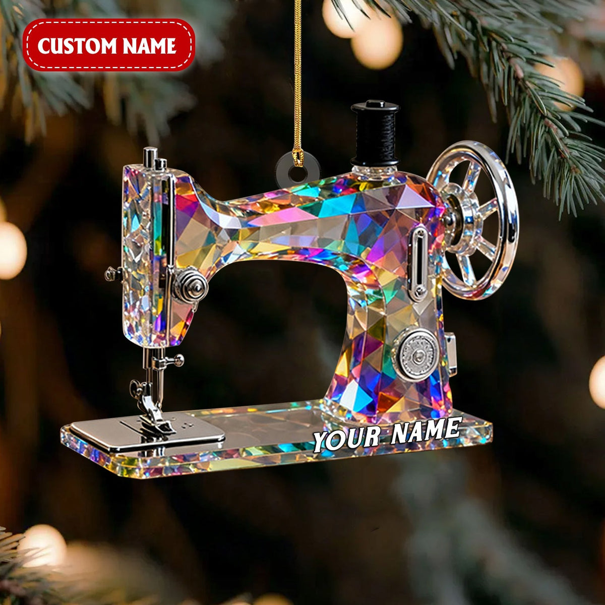 Stained Glass Effect Sewing Machine Custom Name Acrylic Ornament, Gift For A Tailor, Xmas Decor