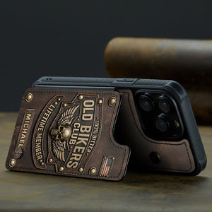 Old Bikers Club Leather Wallet Phone Case, Personalized iPhone Case for Motorcycle Rider