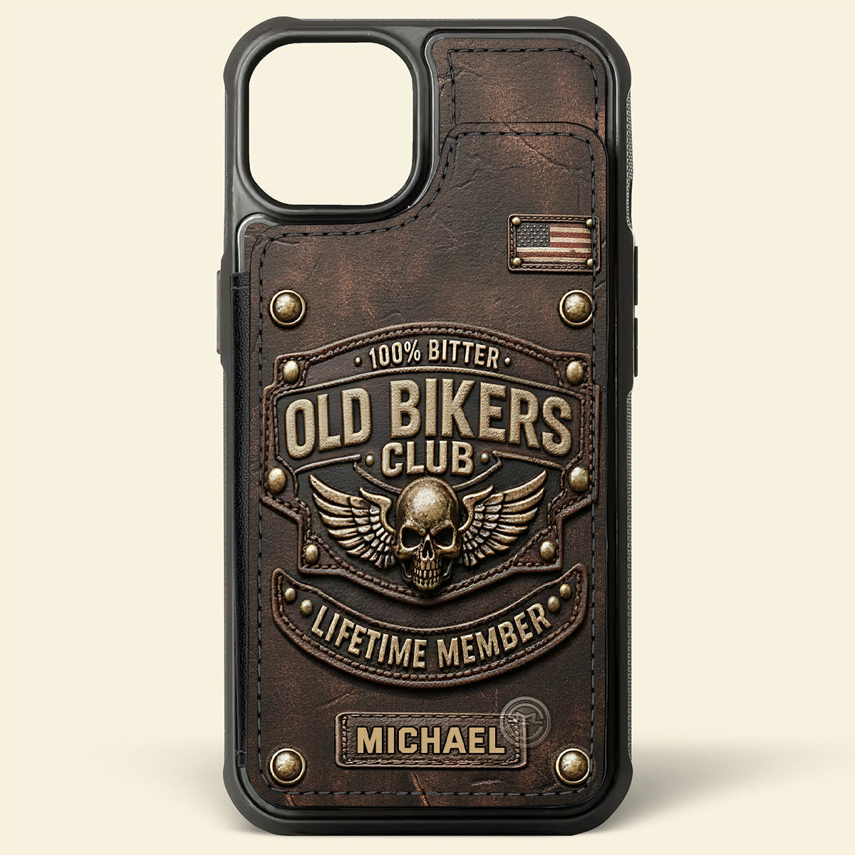 Old Bikers Club Leather Wallet Phone Case, Personalized iPhone Case for Motorcycle Rider