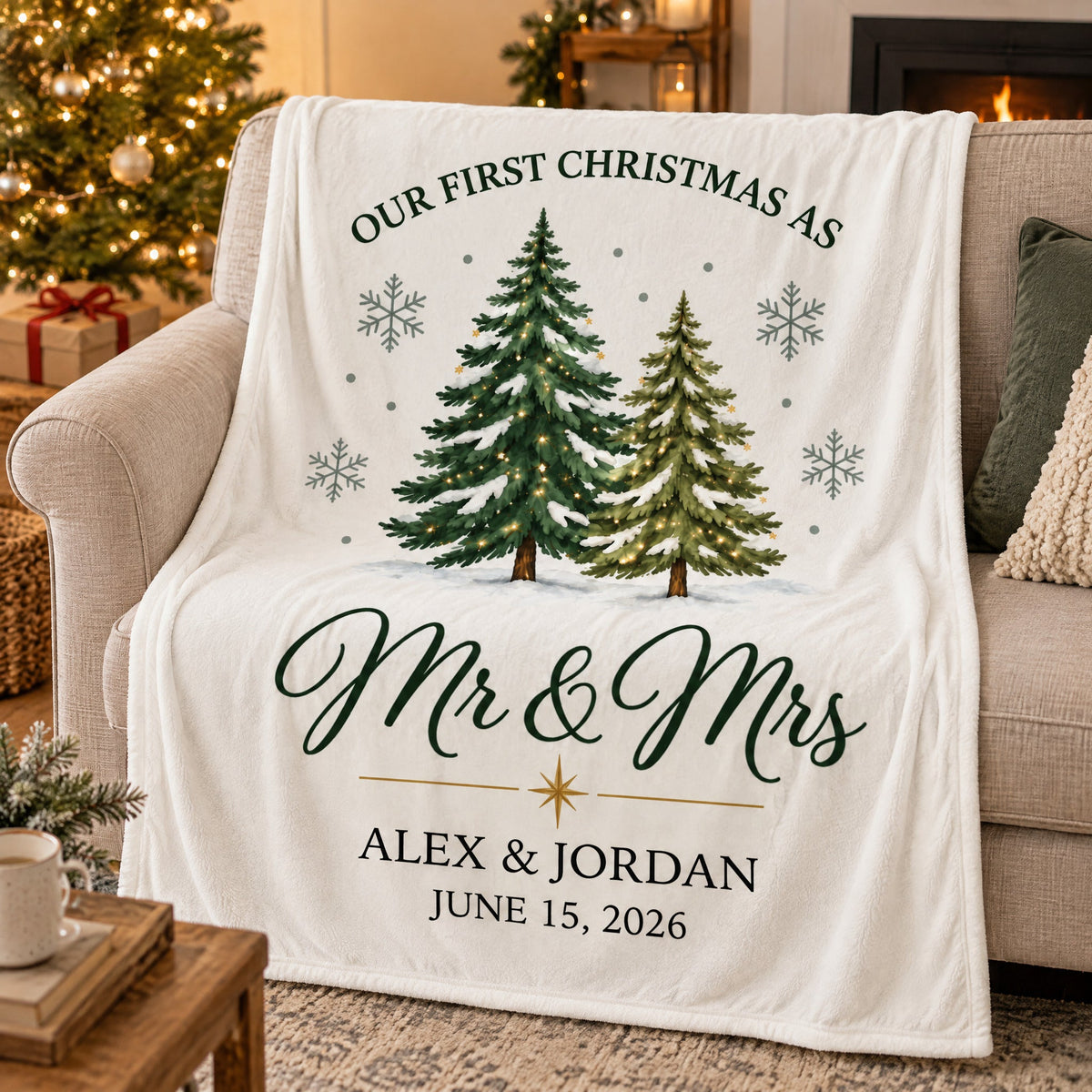 Newlywed First Christmas Personalized Blanket Cozy Fireplace First Christmas Couple Keepsake
