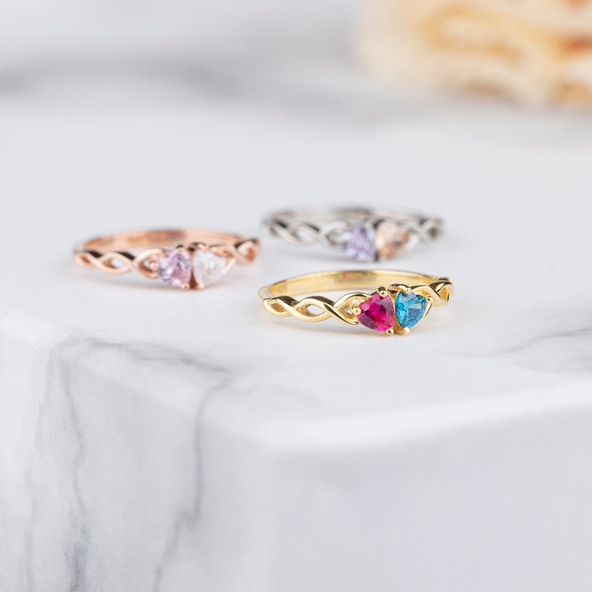 Engagement Gift - Personalized Double Heart Birthstone Promise Ring