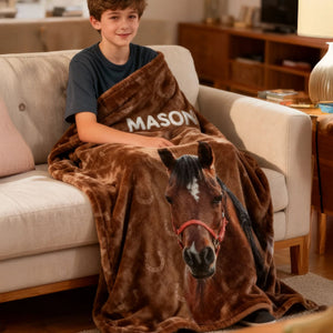 Personalized Painted Horse Photo Horseshoe Blanket with Name,Home Decor,Birthday Gifts for Horse Lovers Family Friends