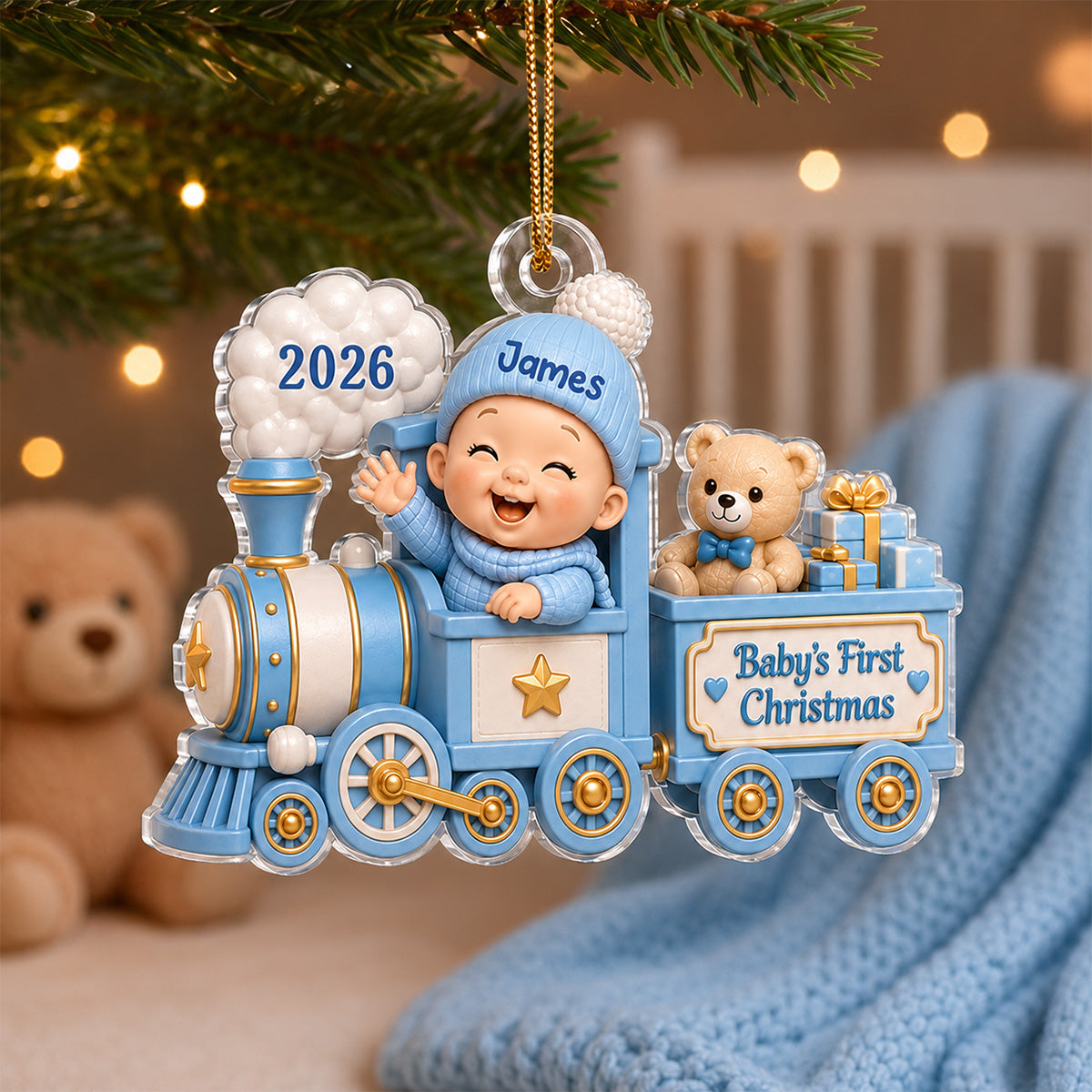 Baby On Toy Train - Baby First Christmas Personalized Acrylic Ornament