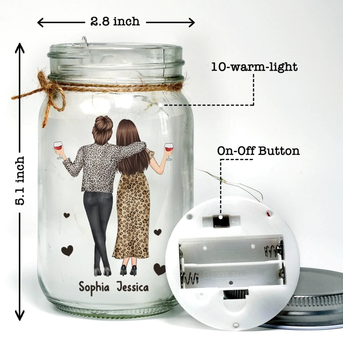 Custom Mason Jar Light - Personalized Christmas Best Friend Birthday Gifts For Women, Besties, Sisters, BFF