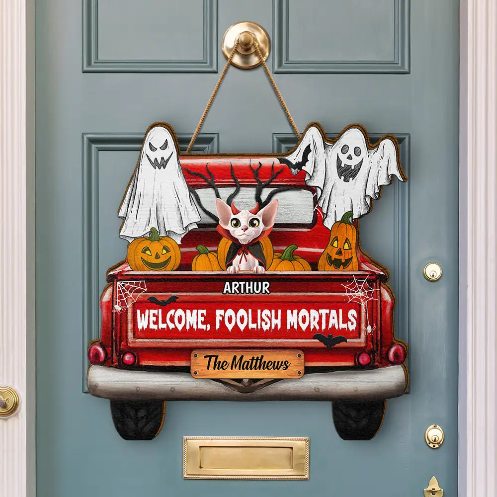 Welcome Foolish Mortals - Personalized Custom Haunted Mansion Shaped Wood Sign