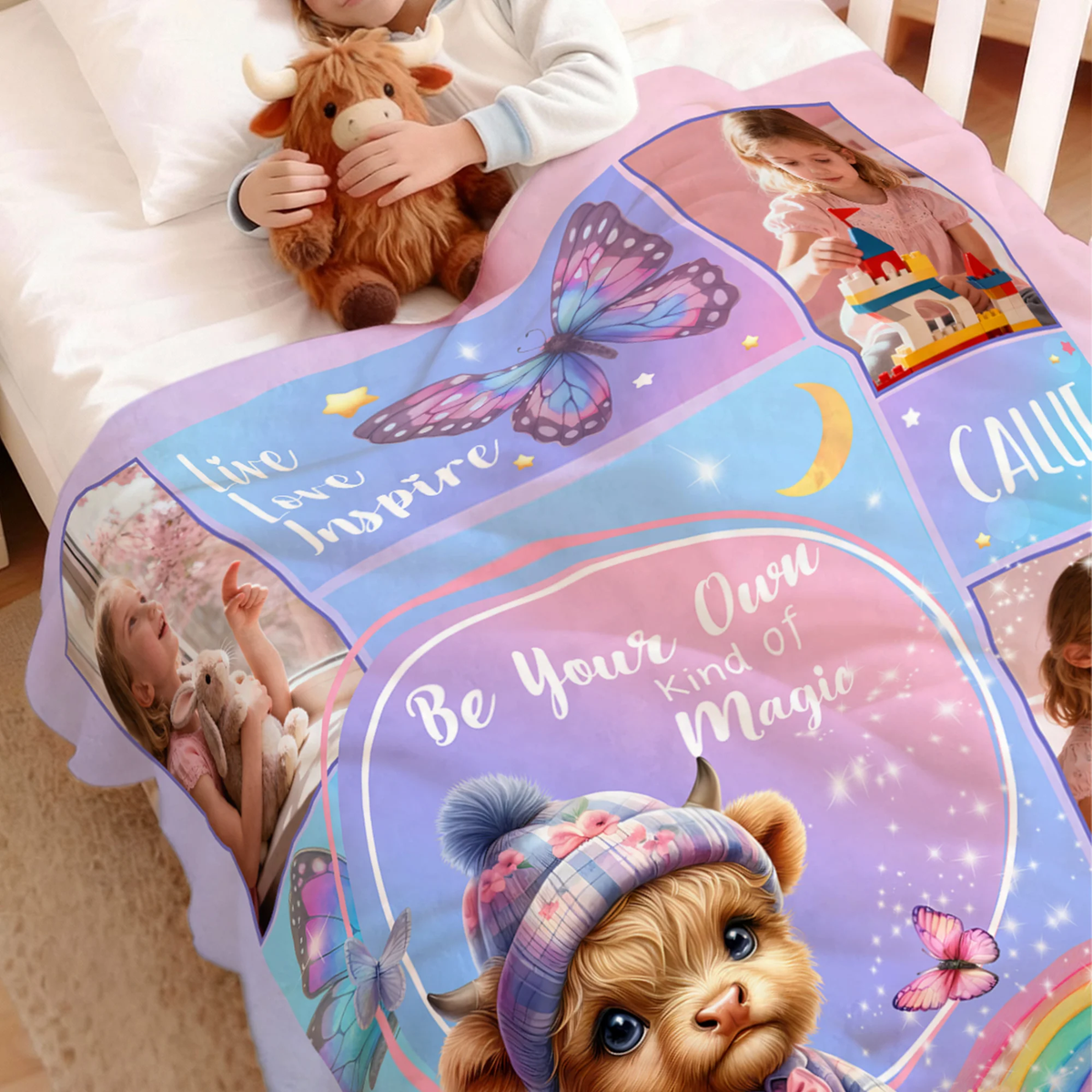 Personalized Floral Highland Cow Butterfly Soft Throw Blanket with Name and Photos