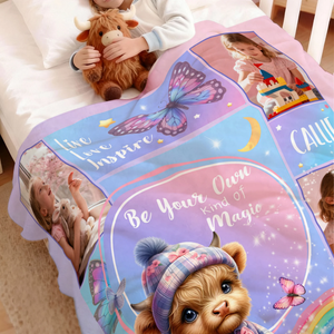 Personalized Floral Highland Cow Butterfly Soft Throw Blanket with Name and Photos