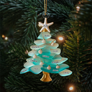 Family Sea Glass Christmas Tree - Starfish Shells Personalized Ornament Gift for Family