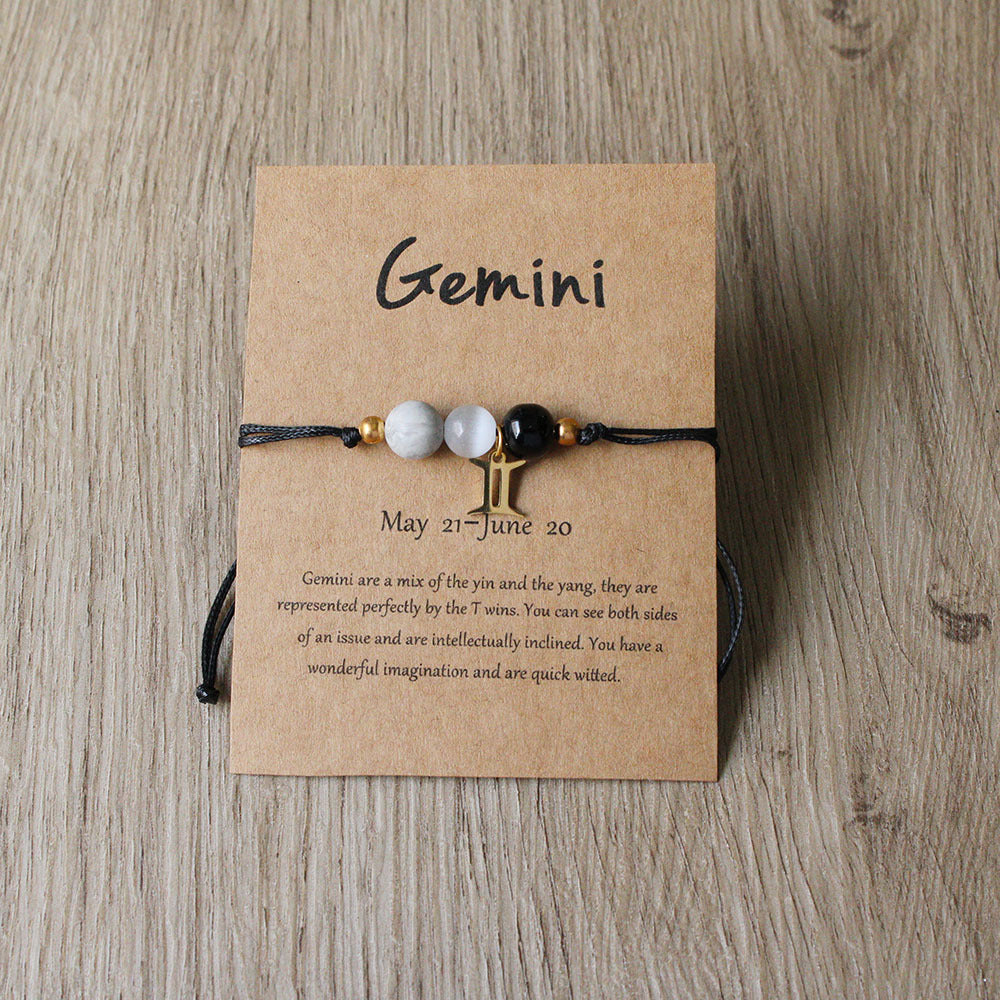Natural Stone Hand Woven Bracelet With Twelve Constellations Paper Card