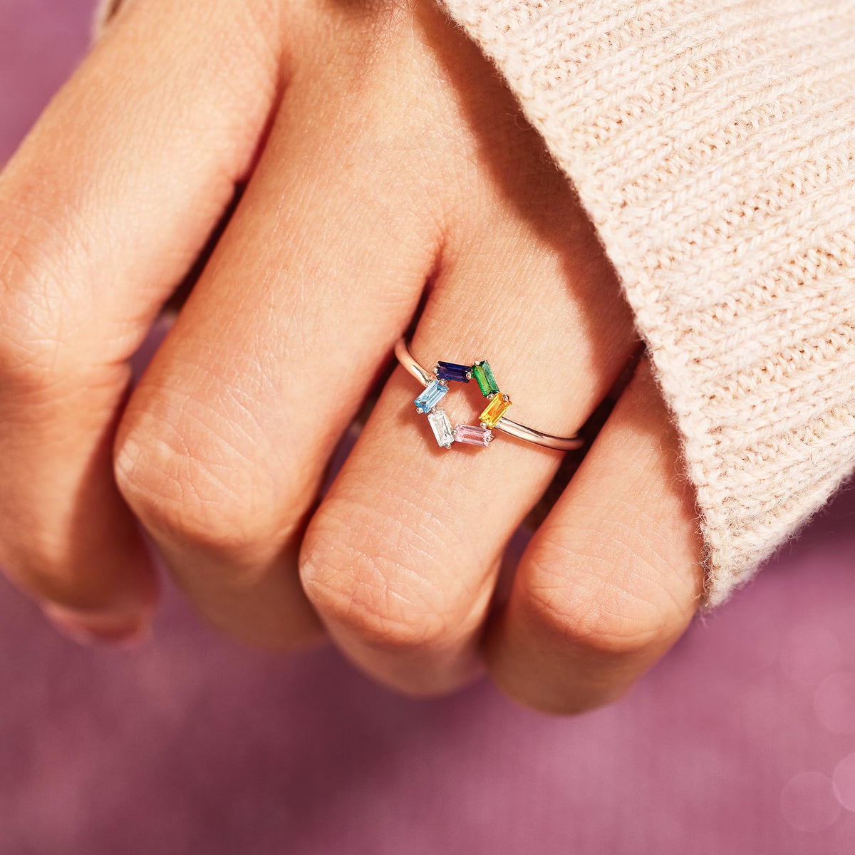 Personalized Baguette Mothers 3-6 Birthstones Family 925 Sliver Ring