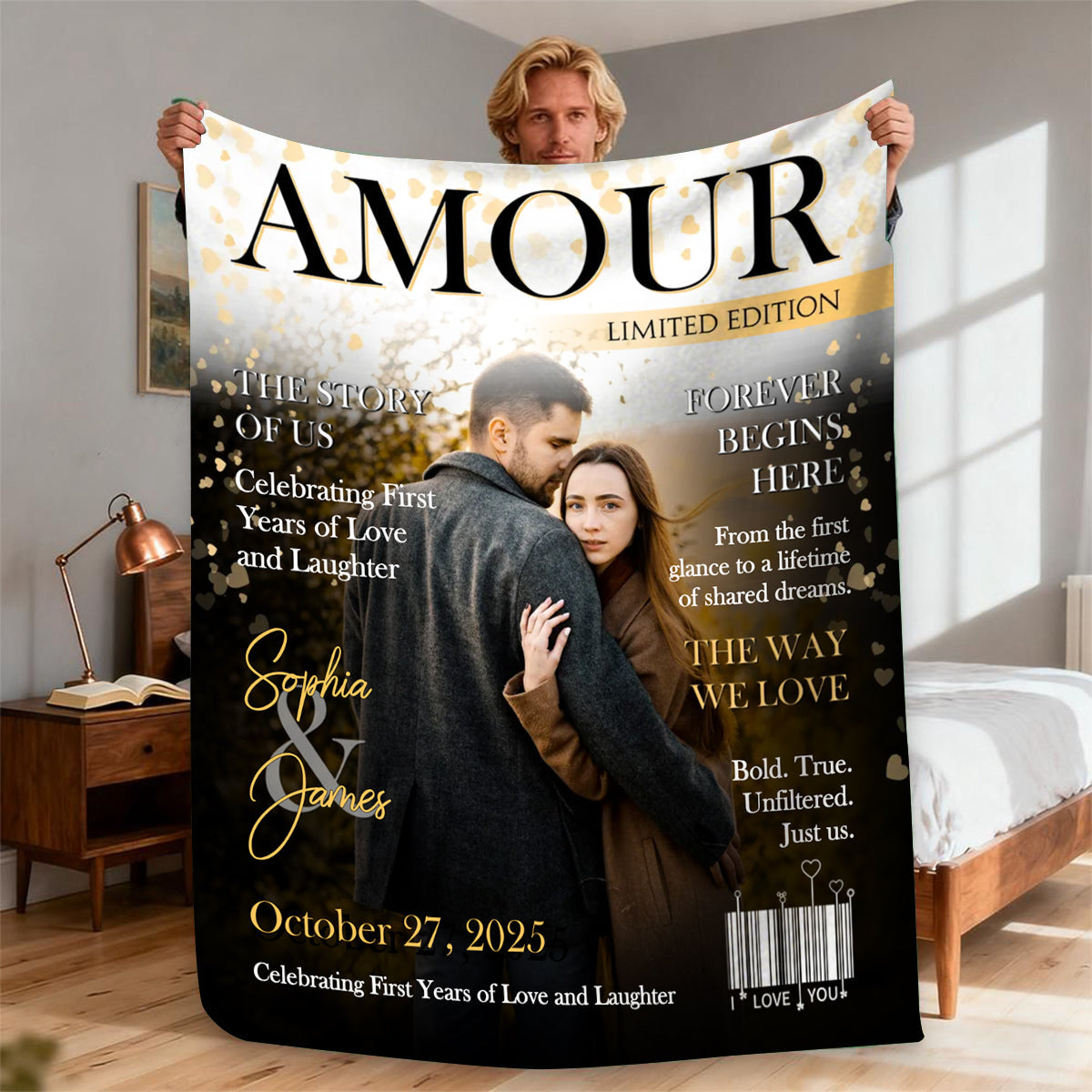 Personalized Amour Magazine Cover, Custom Couple Newspaper Blanket, Romantic Love Story Gift