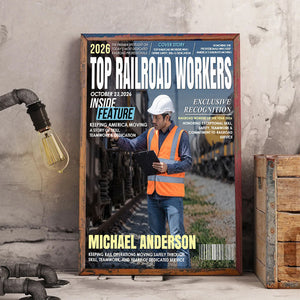 Personalized Railroad Worker Magazine Cover Canvas – Custom Name & Photo Recognition Gift | Railroad Employee Appreciation Keepsake