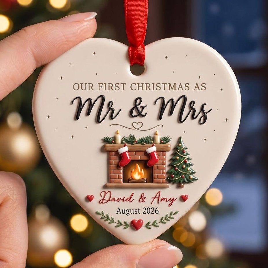 Couple Christmas - Our First Christmas Custom Names & Date Keepsake for Newlyweds & Wedding Gift - Personalized Heart Ceramic Ornament