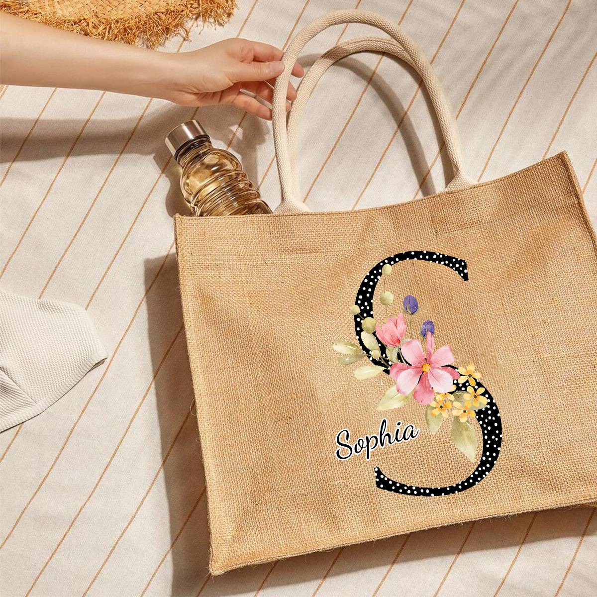Personalized Alphabet Letter Floral Monogram Name Jute Tote Bag