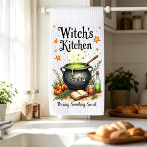 Personalized "Witch's Kitchen" Halloween Kitchen Towel – Brewing Something Special | Fall Witch Decor & Spooky Cauldron Tea Towel