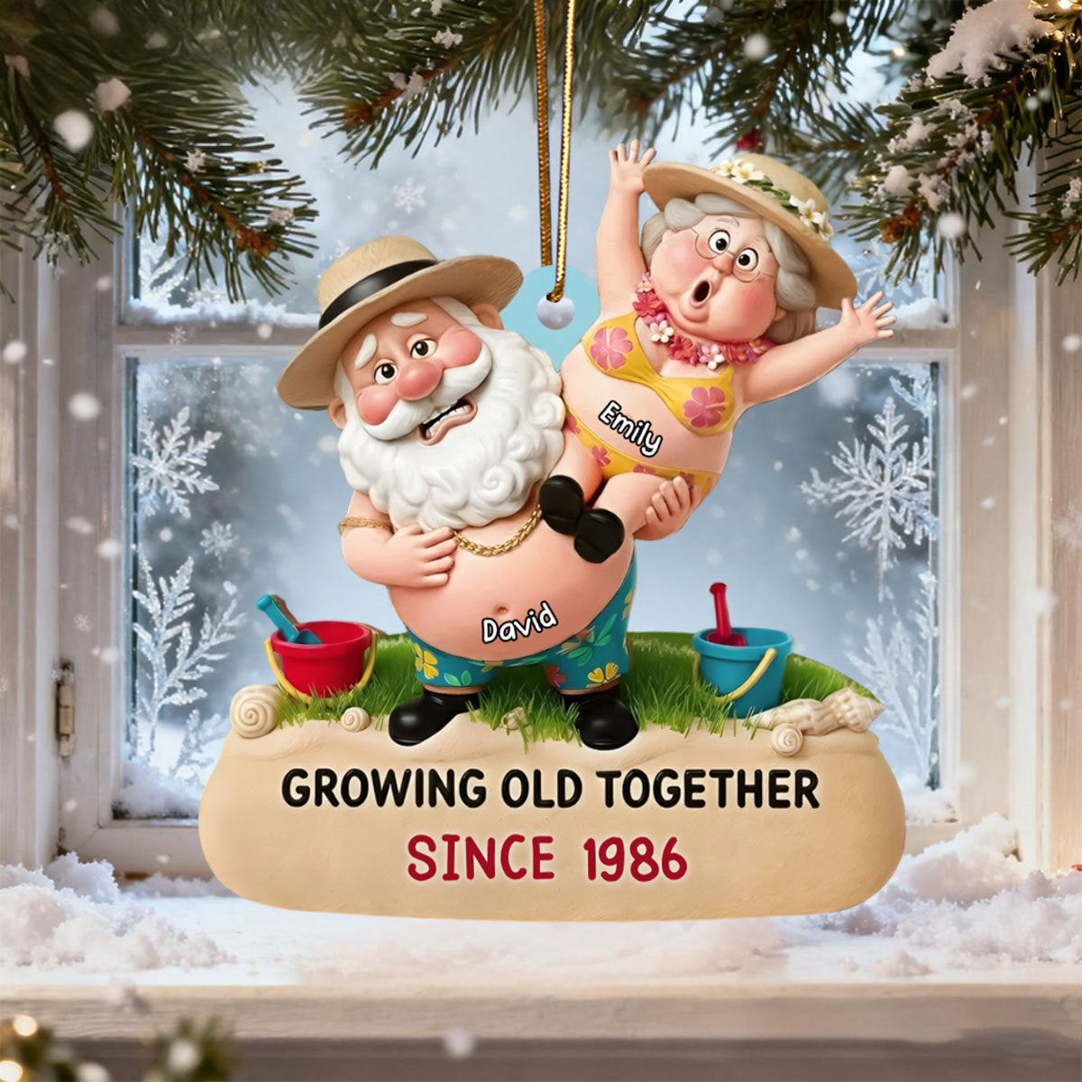 Growing Old Together,Personalized Beachwear And Straw Hats Ornament Christmas Gift For Couples and Grandparents