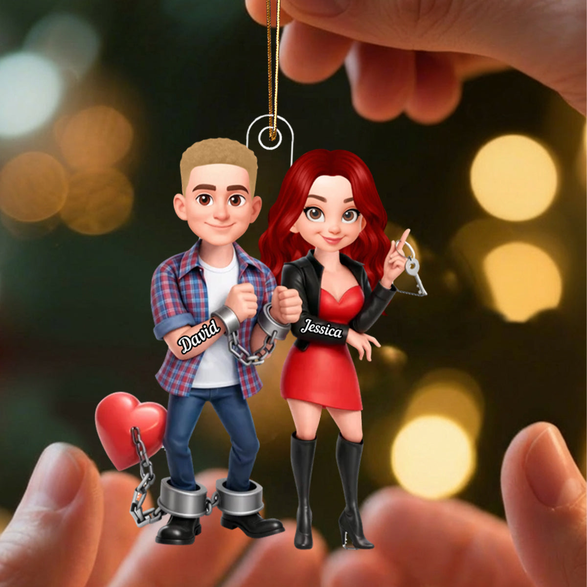 Unique Creative Gift For Couples – Funny Cartoon Couple Acrylic Car Hanger With Handcuffed Love Design