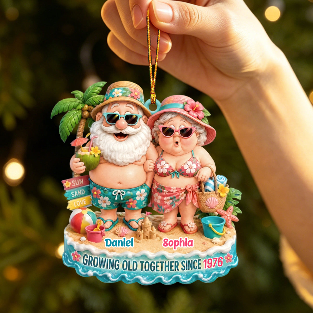 Growing Old Together Beach Sun Land Love Personalized Acrylic Ornament Gift For Couples