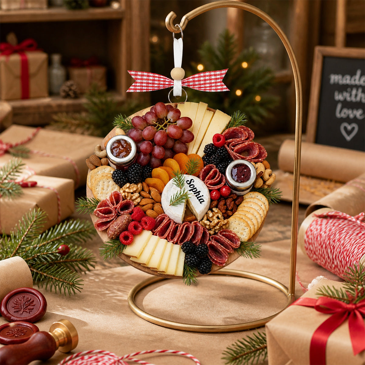 Personalized Christmas Charcuterie Board Ornament, Wine Ornament Hostess Gift, Cheese Lover,Custom Xmas Gift
